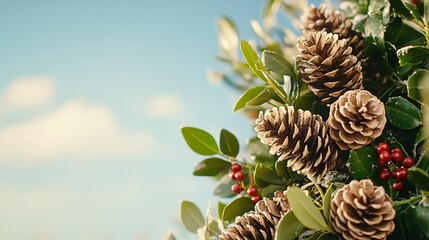 Obraz premium American-style outdoor Christmas tree decorated with pinecones red berries