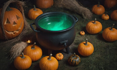 cauldron with green potion in it surrounded by pumpkins