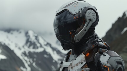 A close up of the helmet and armor on an exo suit, a high-tech robotic soldier in black, grey, and white with orange details, on top of a mountain in a cinematic