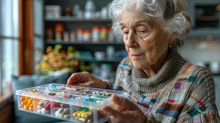 senior woman holding plastic box with multiple sections for pills filled with colorful tablets of different size.