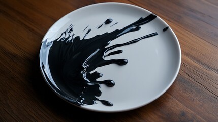 Black liquid splattered on a white plate.