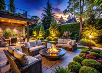 Fototapeta premium Luxurious Backyard Retreat at Night with Soft Ambient Lighting, Elegant Outdoor Furniture, Cozy Fire Pit, and Lush Greenery for Ultimate Relaxation and Entertaining in a Serene Environment