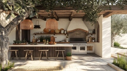 Breathtaking Alfresco Kitchen with Spanish Finca Details and Majestic Olive Tree Overhang