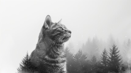 double exposure of cat with night sky and forest