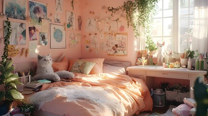 Cozy and Romantic Messy Teen Girl Bedroom with Pastel colored Decor and Whimsical Accents