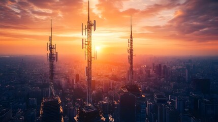 Dramatic Futuristic Cityscape with Wireless Telecommunication Towers at Golden Hour