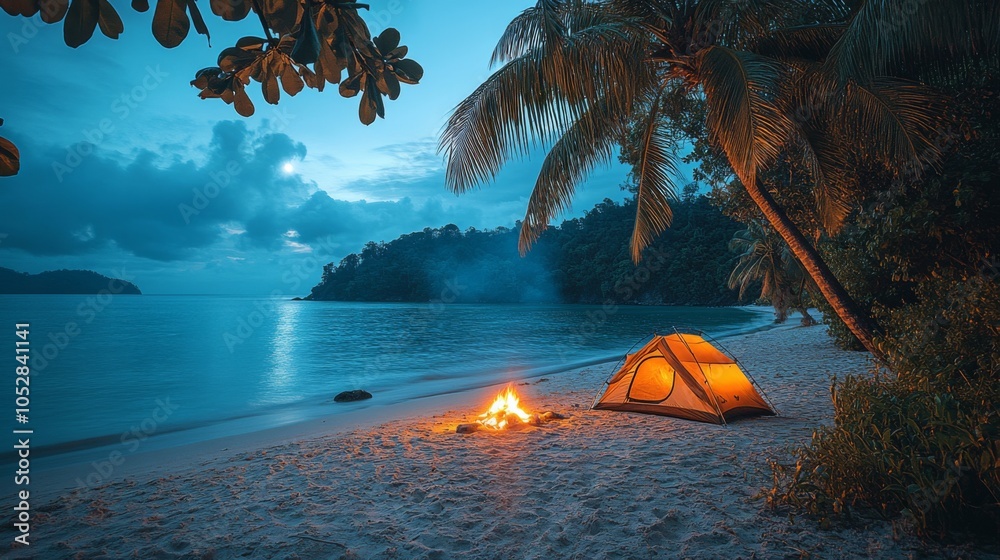 Poster a cozy campsite is set up on the beach as twilight approaches. the warm glow from the tent contrasts