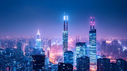 Fototapeta premium Dramatic Wireless Tech Cityscape at Midnight with Futuristic Skyscrapers and Telecommunication Towers