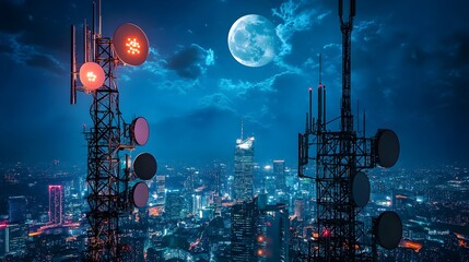 Dramatic Wireless Tech Cityscape Bathed in Vibrant Moonlight at Midnight