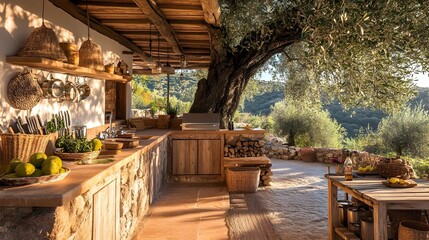 Magnificent Outdoor Mediterranean Kitchen at Traditional Spanish Finca with Towering Olive Tree