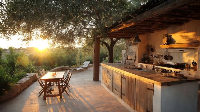 Magnificent Open Air Kitchen in Serene Ibiza Finca with Towering Olive Tree Canopy and Golden Hour Illumination