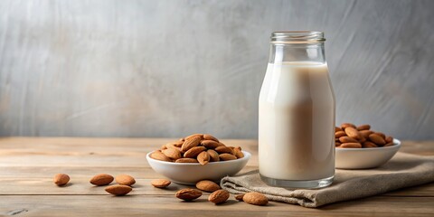 Minimalist almond milk bottle on white background