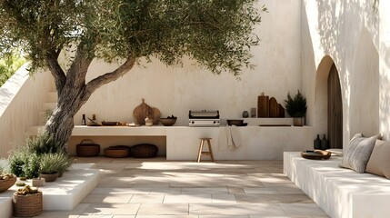 Stunning Ibiza Inspired Outdoor Cooking and Dining Space with Whitewashed Stucco and Terracotta Accents