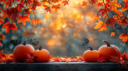 Close-Up of Pumpkins with Falling Leaves in Soft Focus for Autumn-Themed Designs and Cozy Decor