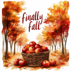 Finally Fall Text with Apples and Autumn Scenery for Seasonal Decor and Festive Fall Projects Promotions