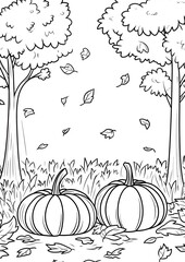Coloring Page of Pumpkins and Falling Leaves for Autumn-Themed Arts and Crafts