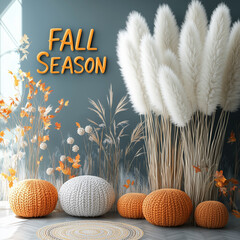 Fall Season Arrangement with Pampas Grass and Pumpkins for Autumn-Themed Decor and Displays