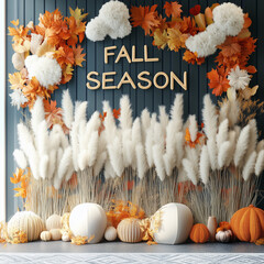Fall Season Sign with Pampas Grass and Pumpkin Display for Cozy Autumn Decor and Seasonal Themes