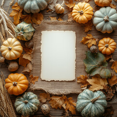 Rustic Frame with Pumpkins and Gourds on Autumn Leaves Background for Seasonal Decor and Fall-Themed Projects 