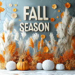Fall Season Text with Pampas Grass and Mini Pumpkin Display for Cozy Autumn Decor