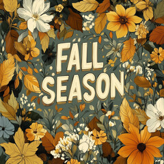 Fall Season Text with Vintage Floral Pattern for Seasonal Decor and Autumn-Themed Designs