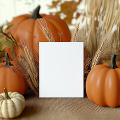 Blank Frame with Pumpkins and Wheat on Beige Background for Autumn-Themed Designs