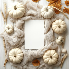 Blank Frame with White Pumpkins and Cozy Knit on Soft Background for Autumn Decor