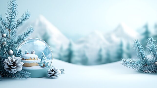 Enchanting winter wonderland a festive scene with a snowy cake and pine accents in a beautiful glass dome
