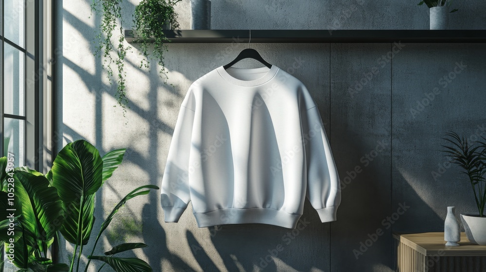 Aufkleber A white sweatshirt is displayed on a hanger against a concrete wall, illuminated by soft sunlight. Potted plants add a touch of nature to the stylish indoor setting, creating a warm atmosphere.