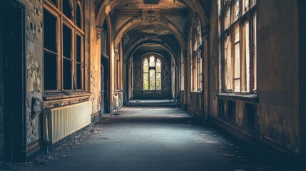 Fototapeta premium A long, empty hallway in an old building, lit only by the dim light coming through the windows, evoking a sense of abandonment and sadness.