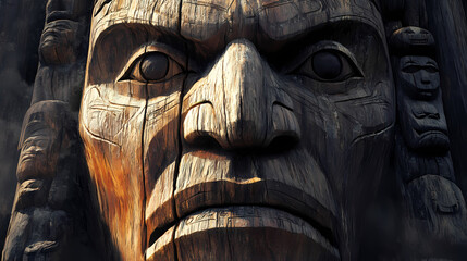 A large, carved face with a menacing expression. the face is surrounded by a wooden frame, and the overall mood of the image is dark and foreboding. Native American Totem Poles. Illustration