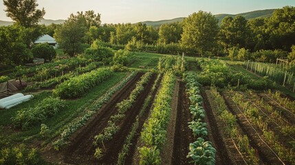 A lush, regenerative farm with rows of vegetables, trees, and cover crops, using techniques to restore soil health and biodiversity.