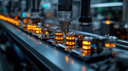 Close-up of an automated assembly line with glowing components.
