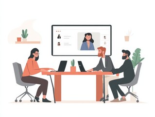 A manager conducting a virtual team meeting, leading a discussion with remote employees through video conferencing software.