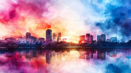 Obraz premium Dreamy Watercolor Cityscape at Sunset Reflection