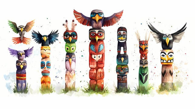 A super-cute comic cartoon totem pole, full body, watercolor illustration. Native American Totem Poles. Illustration