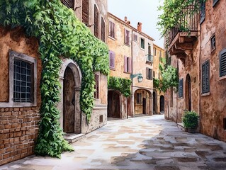 Obraz premium Serene Watercolor Alleyway Artwork