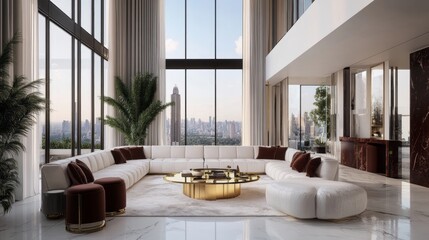 Fototapeta premium An opulent living room with a white marble floor, a gold-framed coffee table, and a velvet sofa, accentuated by large glass windows that let in natural light