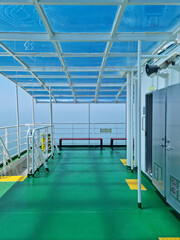 
This is a view of the deck of a passenger ship.