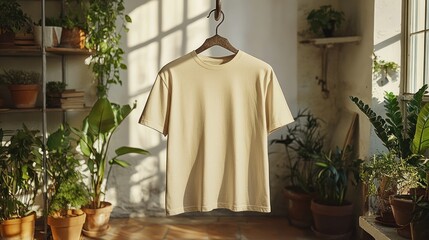 A beige t-shirt hanging in a sunlit room with plants.