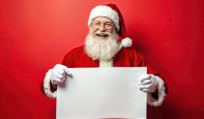 Naklejka premium portrait of a cheerful old man Santa Claus on the Christmas in white gloves He with piece of white paper on a red background