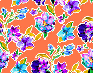 Floral pattern in hand drawn style for fashion, fabric and all prints on orange background.