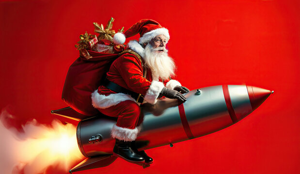 portrait of a cheerful old man Santa Claus at Christmas, he flies on a rocket on a red background.