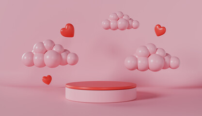 Pink and white podium with clouds and hearts, Valentine's Day, Mother's Day. Display for product, cosmetic presentation