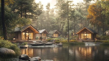 Obraz premium A nature retreat with wooden cabins, surrounded by trees and a lake, promoting disconnection from technology and reconnection with nature.