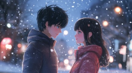 Obraz premium A couple in love, features a boy with black hair and a girl with long brown bob-style hair standing under the soft light of falling snowflakes.