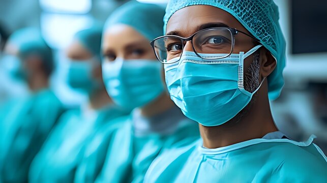 A diverse team of surgeons in scrubs and masks stand in a row, smiling and looking at the camera.