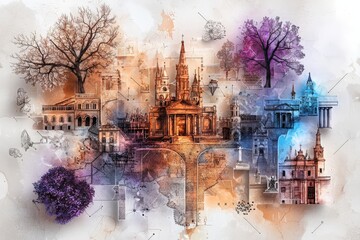 Fototapeta premium Vintage Watercolor Map of an Old European City