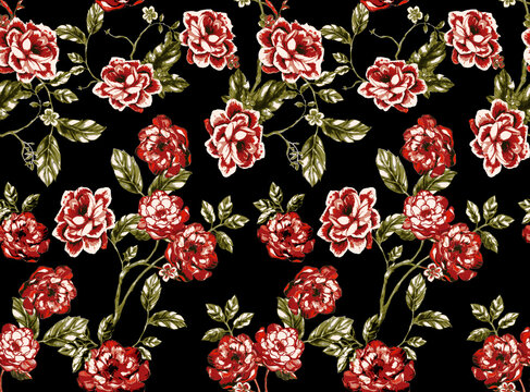 Floral pattern with cute little roses in dark background, perfect pattern for textile and decoration.