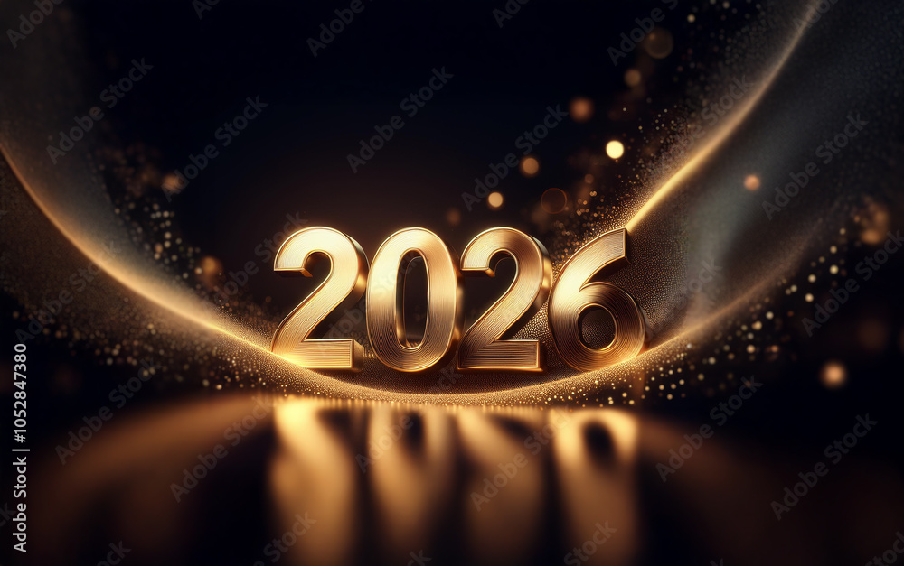 Poster golden 2026 numerals on a dark background with sparkling golden lights and a glowing ring.
